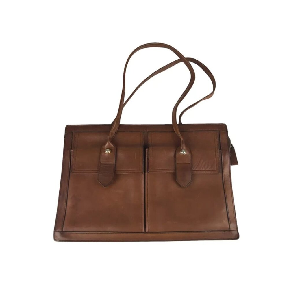 Tucky Unisex Adults Brown Leather Outer Pockets Shoulder Strap Document Bag Sz M